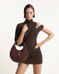 Colette Faux Suede Crescent Hobo Bag - Dark Brown