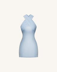 Satin Mini Dress with Tulle Cross-Halter - Blue