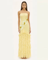 Orchid Embroidered Ruffled Strapless Maxi Dress - Pale Yellow