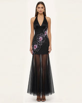 Orchid Embroidered Sheer Hem Halter Maxi Dress - Black Purple