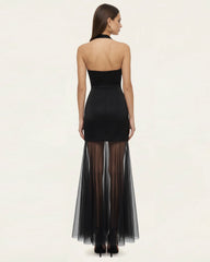 Orchid Embroidered Sheer Hem Halter Maxi Dress - Black Purple