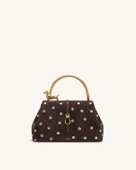 Bruna Faux Suede Studded Dachshund Metal Top Handle Bag - Brown