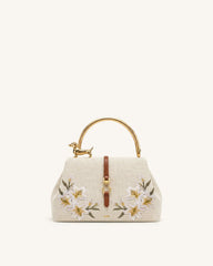Bruna Dachshund Metal Handle Lily Embroidered Top Handle Bag - Brown Canvas