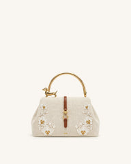 Bruna Beading Dachshund Metal Top Handle Bag - Brown Canvas