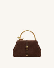 Bruna Faux Suede Dachshund Metal Top Handle Bag - Sandalwood Brown