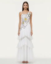 Orchid Embroidered Ruffled Tulle Strapless Maxi Dress - White