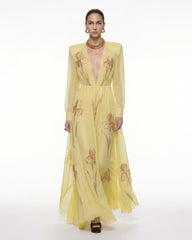 Iris Floral Print Long-Sleeve Sheer Gown - Yellow