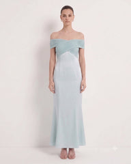 Pleated Cross-Halter Satin Maxi Dress - Dusty Blue