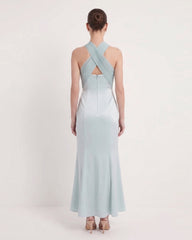 Pleated Cross-Halter Satin Maxi Dress - Dusty Blue