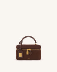 Cleo Faux Suede Box Shape Top Handle Bag - Chocolate Brown