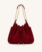 Rowan Faux Suede Quilted Chain Bucket Bag - Dark Red