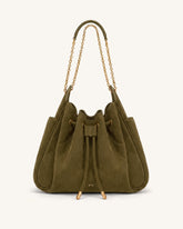 Rowan Faux Suede Quilted Chain Bucket Bag - Olive Green