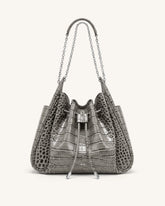 Rowan Ruched Drawstring Chain Bucket Bag - Grey Croc