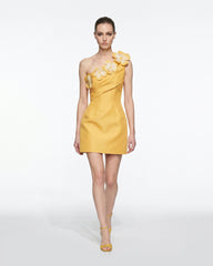 Floral Appliqué One Shoulder Mini Dress - Yellow