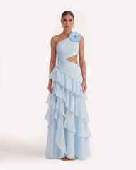 One Shoulder Cutout Ruffle Chiffon Maxi Dress - Blue