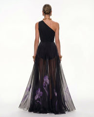 Floral One Shoulder Maxi Dress - Black