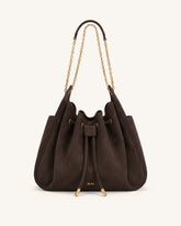 Rowan Faux Suede Quilted Chain Bucket Bag - Dark Brown