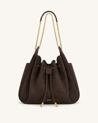 Rowan Faux Suede Quilted Chain Bucket Bag - Dark Brown
