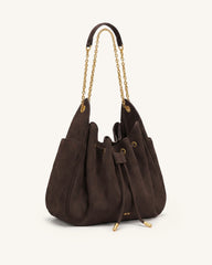 Rowan Faux Suede Quilted Chain Bucket Bag - Dark Brown