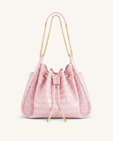 Rowan Ruched Drawstring Chain Bucket Bag - Pink Croc