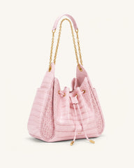 Rowan Ruched Drawstring Chain Bucket Bag - Pink Croc
