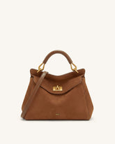 Lucia Classic Faux Suede Top Handle Bag - Dark Red Brown