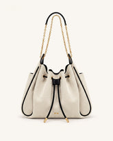 Rowan Ruched Drawstring Chain Bucket Bag - Black Canvas