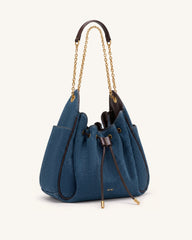 Rowan Ruched Drawstring Chain Bucket Bag - Dark Blue Denim