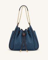 Rowan Ruched Drawstring Chain Bucket Bag - Dark Blue Denim