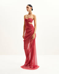 Mia Strapless Sheer Glitter Gown - Scarlet