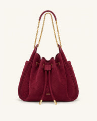 Rowan Faux Suede Weaving Ruched Drawstring Chain Bucket Bag - Dark Cherry