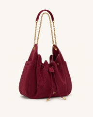 Rowan Faux Suede Weaving Ruched Drawstring Chain Bucket Bag - Dark Cherry