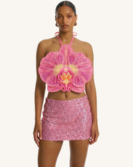 3D Orchid Halter Crop Top - Pink