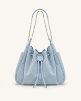 Rowan Faux Suede Quilted Chain Bucket Bag - Blue