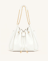 Rowan Ruched Drawstring Chain Bucket Bag - Ivory