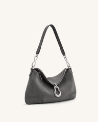 Jayla Faux Suede Metal Pendant Embellished Shoulder Bag - Dark Grey