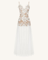 Floral Appliqué Sheer Tulle Maxi Dress - White
