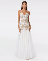 Floral Appliqué Sheer Tulle Maxi Dress - White