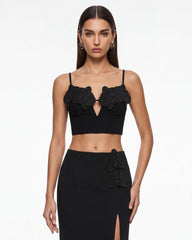 Orchid Embroidered Appliqué Corset Bustier Top - Black
