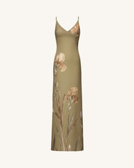 Iris Motif Satin Slip Gown - Olive Green