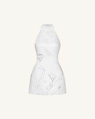 3D Floral Halter Mini Dress - White