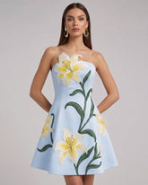 Lily Floral Print Strapless A-Line Mini Dress - Light Blue