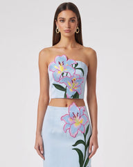 Lily Floral Embroidered Strapless Corset Top - Light Blue