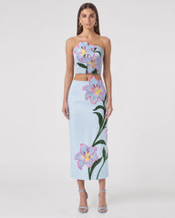 Lily Floral Embroidered High Waist Pencil Midi Skirt - Light Blue