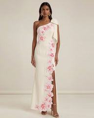 Flower Embroidered One-Shoulder Maxi Dress - Ivory