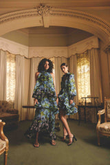 Briony Tiered Gown in Black & Blue Floral