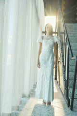 Rina Beaded Puff Sleeve Gown in White