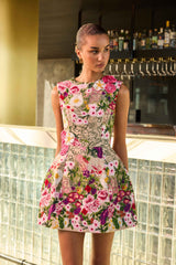 Flora Tulip Mini Dress in Pink & Green Floral