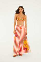 Red Fruit Stripes Rope Ties Slits Pants