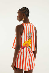 Red Fruit Stripes Embroidered Rope Ties Shorts